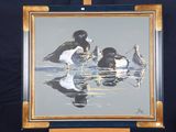 a painting of a group of ducks in the water