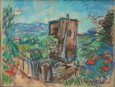 dessin représentant un tableau d'un vieux bâtiment dans un champ