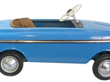 a blue toy car with a steering wheel on a white background