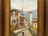 an oil painting of a man walking down a road in a village