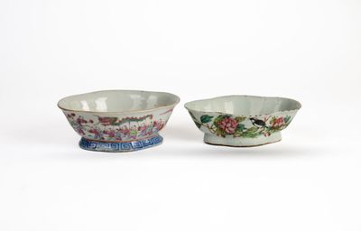 pair of chinese famille bowls with flowers and birds