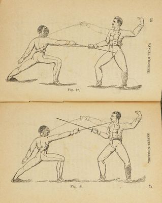two pages of a book with drawings of two men in fencing stance