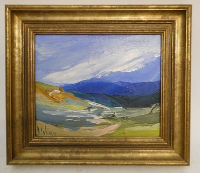 une peinture à l'huile d'un paysage avec des montagnes en arrière-plan