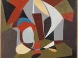 an abstract painting of a man with a knife and a red hat