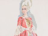 une aquarelle représentant une femme vêtue d'une robe rouge et dorée