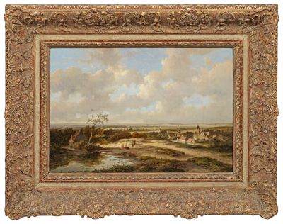 un tableau représentant un paysage avec une rivière et un village au loin