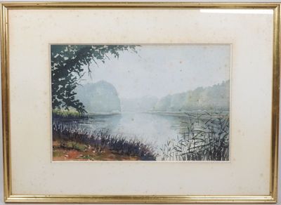 une image représentant un tableau représentant un lac, dans un cadre doré