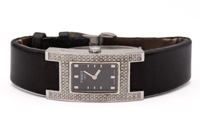 an image of a wrist watch with diamonds on a black leather band