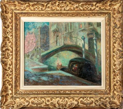 une image d'une peinture représentant un pont sur une rivière