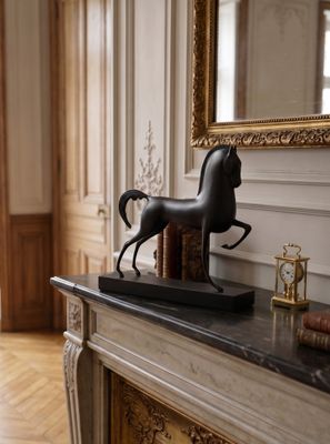 a statue of a horse on a mantle in a room