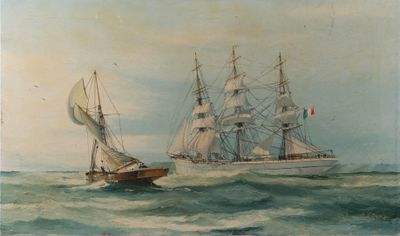 painting of two ships in the ocean with a sailboat in the foreground
