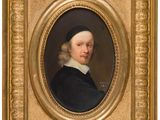 un tableau représentant un homme vêtu d'un manteau noir et d'un col blanc