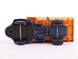 a blue and orange toy truck on a white surface