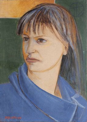 tableau représentant une femme en chemise bleue sur fond vert