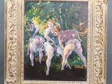 an oil painting of three nudes in a wooded setting