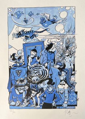 une image d'un dessin représentant un groupe de personnes dans une pièce