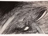 dessin en noir et blanc représentant une personne sur une planche de surf, chevauchant une vague