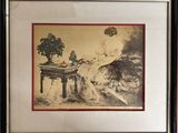 tableau représentant une femme assise à une table sur laquelle se trouve un bol de fruits