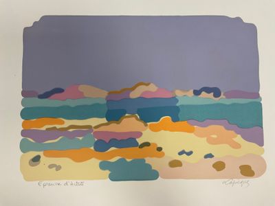 an image of a painting of a beach with rocks and water