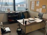 un chat assis sur un bureau dans un bureau