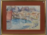framed watercolor painting of a harbor scene with boats in the water