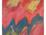 a painting of a bird flying over a mountain range
