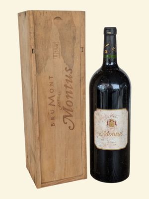 a bottle of wine in a wooden box next to a bottle of wine