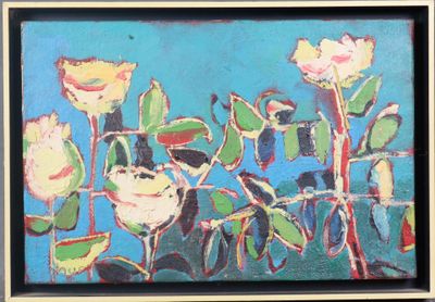 a painting of flowers in a black frame on the wall