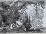 drawing of a man kneeling next to a white horse in a wooded area