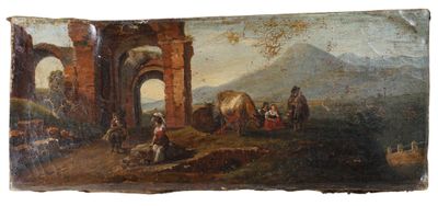 an old painting of a group of people and horses in a landscape