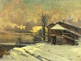 an oil painting of a cabin in the snow with a lake in the background