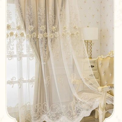a picture of a room with a curtain and a chair