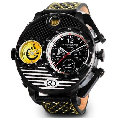 men ' s watch with black dial and yellow leather band