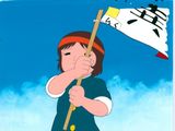 cellule d'animation représentant une jeune fille tenant un drapeau et regardant vers le ciel