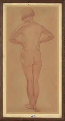 Sanguine sur papier marouflé sur carton "Etude de Sidonia debout". Mon - Photo 1