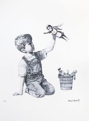 drawing of a young boy holding a toy monkey and a basket of toys