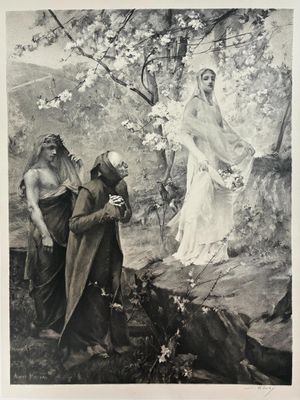 an old black and white photo of a woman in a wedding dress standing next to a man in a gown