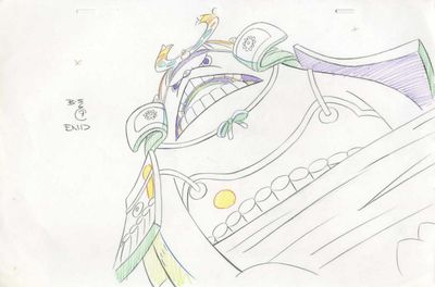 un dessin représentant un dragon avec une épée posée sur sa tête