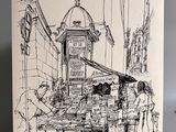 dessin représentant une scène de rue avec un homme vendant des fruits et légumes