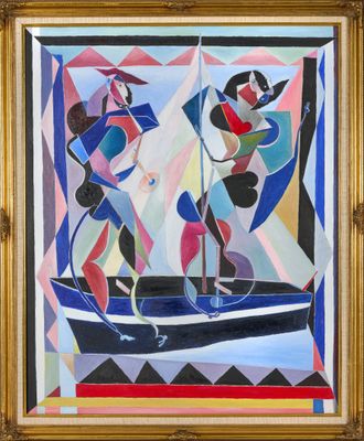 un tableau représentant un bateau avec des personnes à bord, dans un cadre doré