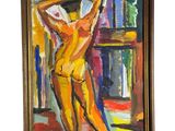 un tableau représentant une femme debout devant une fenêtre