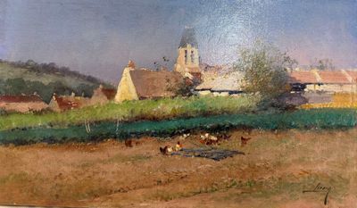 un tableau représentant des vaches dans un champ, avec une église en arrière-plan
