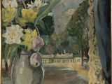 painting of a vase of flowers and lemons on a window sill