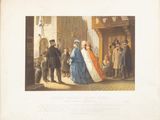 an old picture of a man and a woman walking down a street