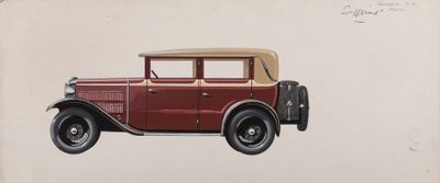 drawing of a red car with a tan top and tan roof