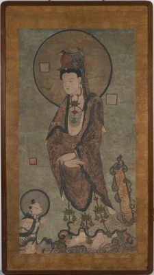 an oriental painting of a woman with a hat and a bird in her hand