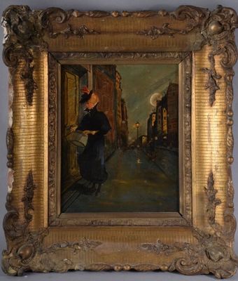 an image of a painting of a woman in a black dress