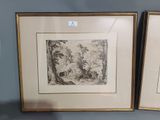 two framed drawings of a man and a woman in a wooded setting