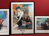 three framed pictures of a woman sitting on a bench in front of a red wall
