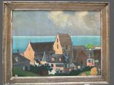an oil painting of a village with a church in the background